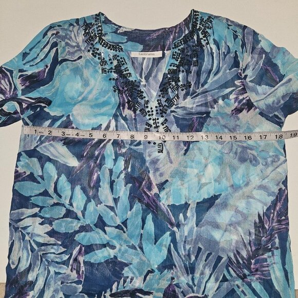 NEW Tantrums Blue Tropical Sheer Shirt Cover-Up Size Small Beaded Floral Vaca - Picture 11 of 11